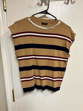 Ontwelfth Striped Knit Cap Sleeve Sweater Top Tan Burgundy Navy M
